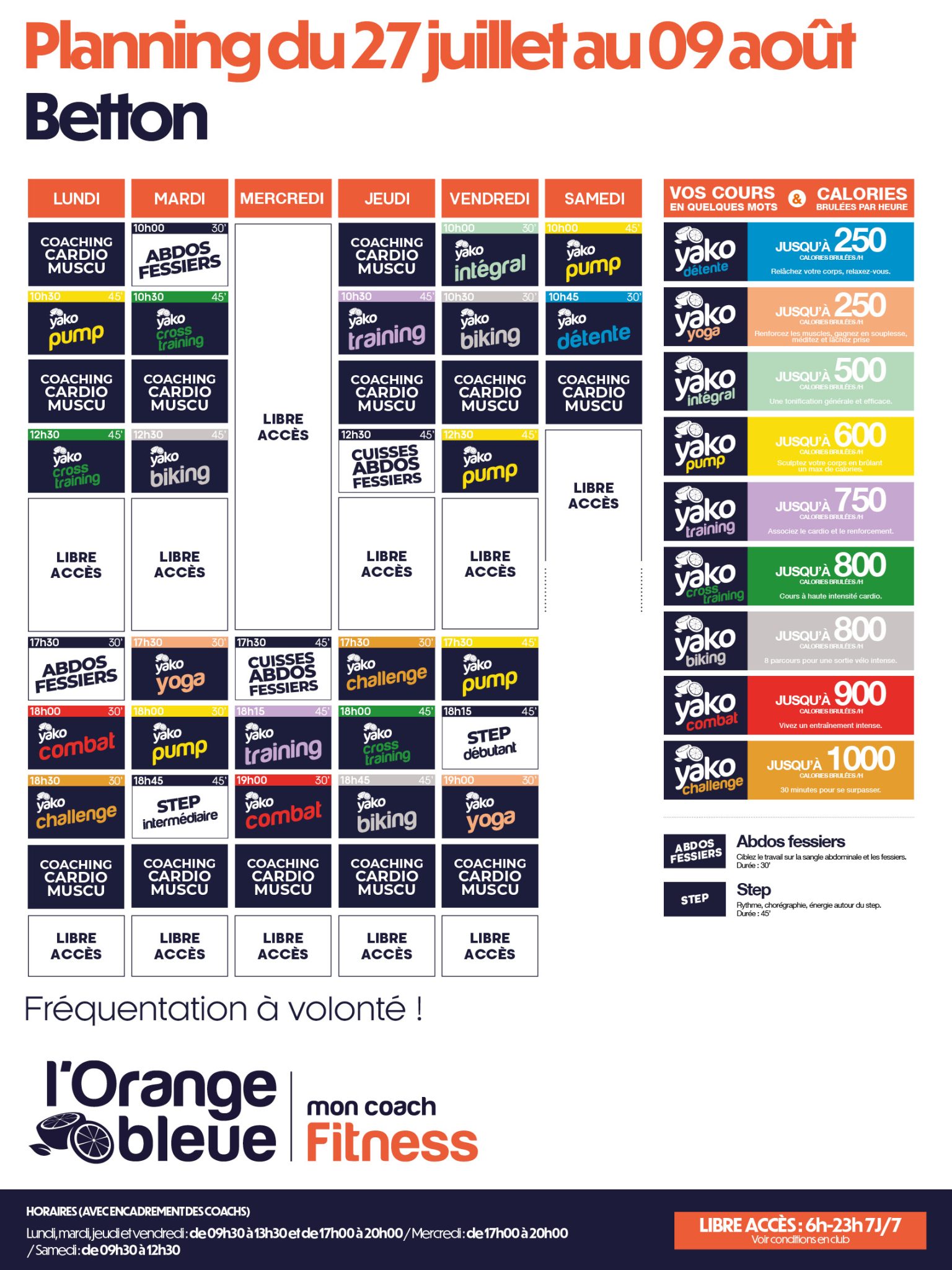 planning salle de sport betton l'Orange bleue