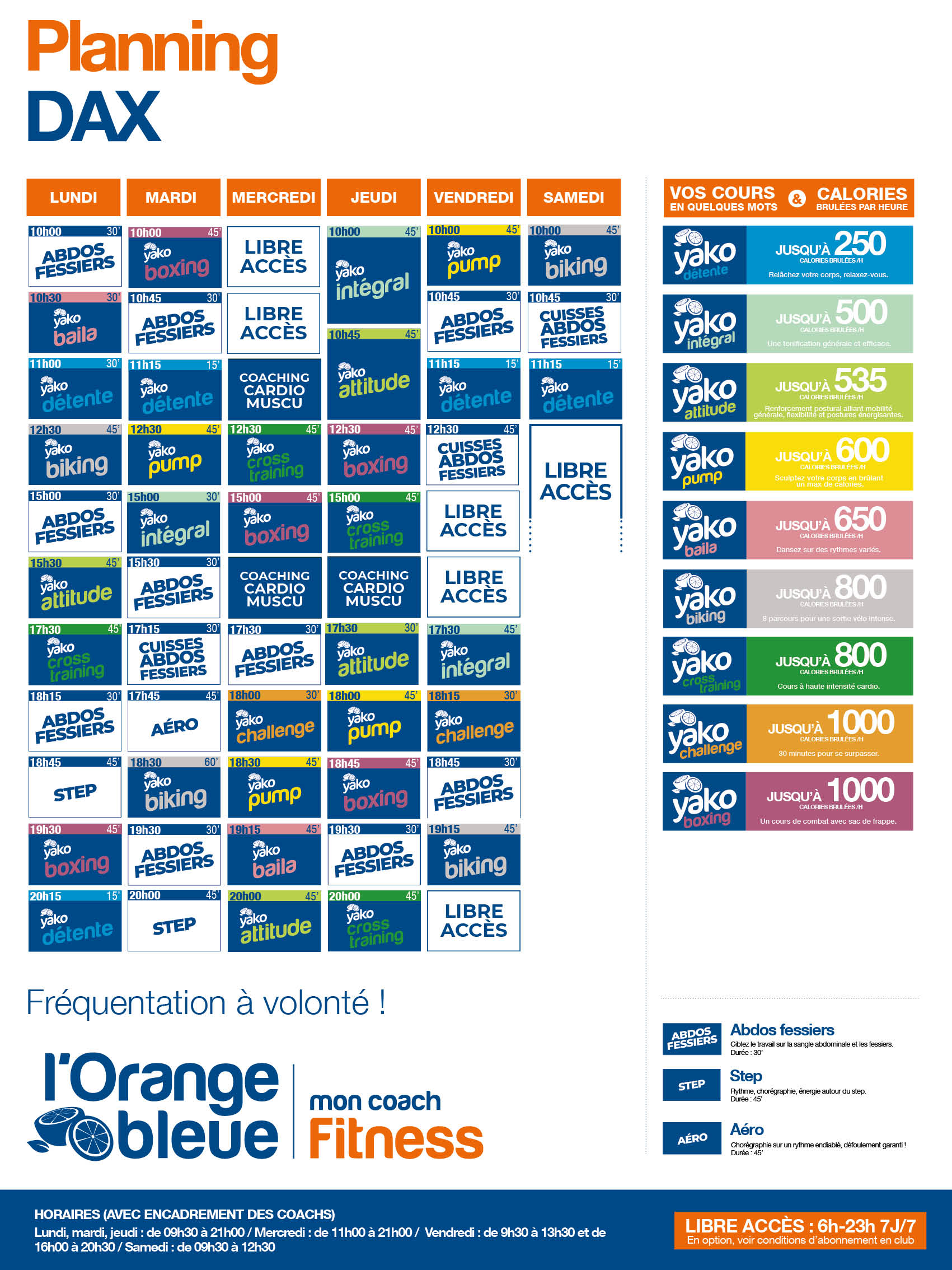 planning salle de sport l'Orange bleue Dax