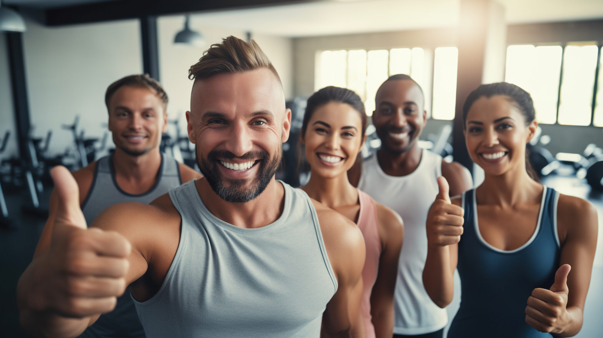 group of smiling people in sportswear showing thumbs up in gym