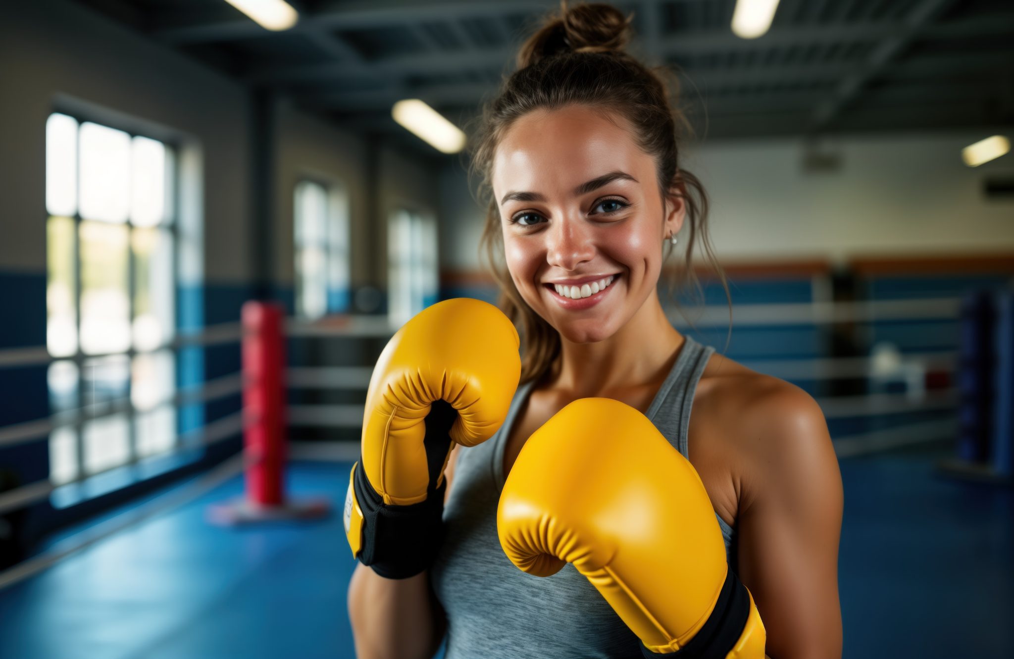 smiling woman boxer. female athlete in gym. girl wears yellow gloves. boxing training. fitness sport. healthy lifestyle. strong woman. happy person. boxing gloves. workout. exercise. gym fitness.