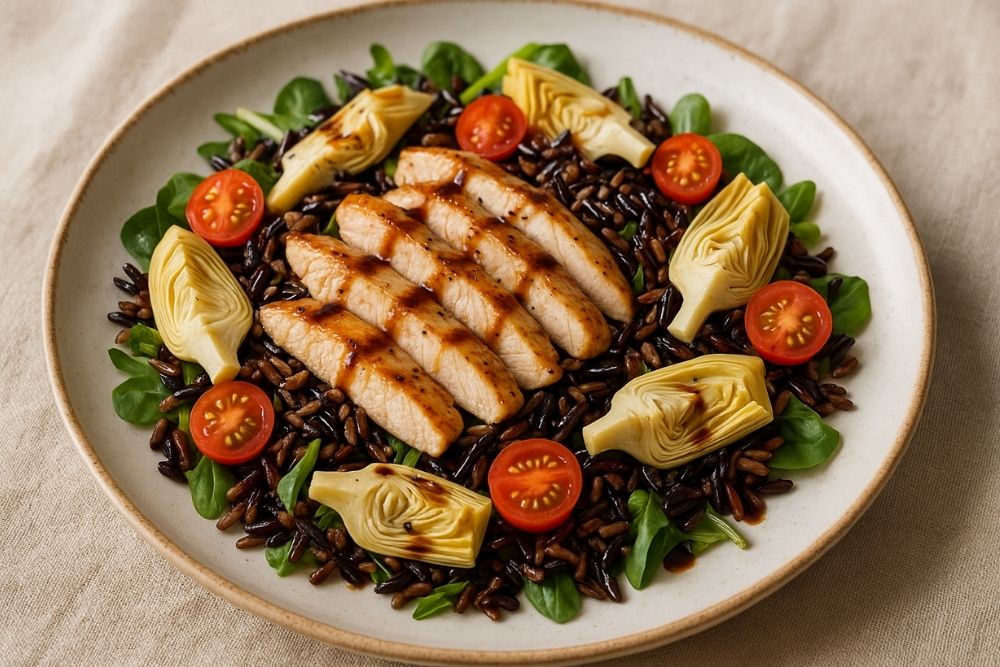 ensalada templada de pollo, alcachofas y arroz salvaje