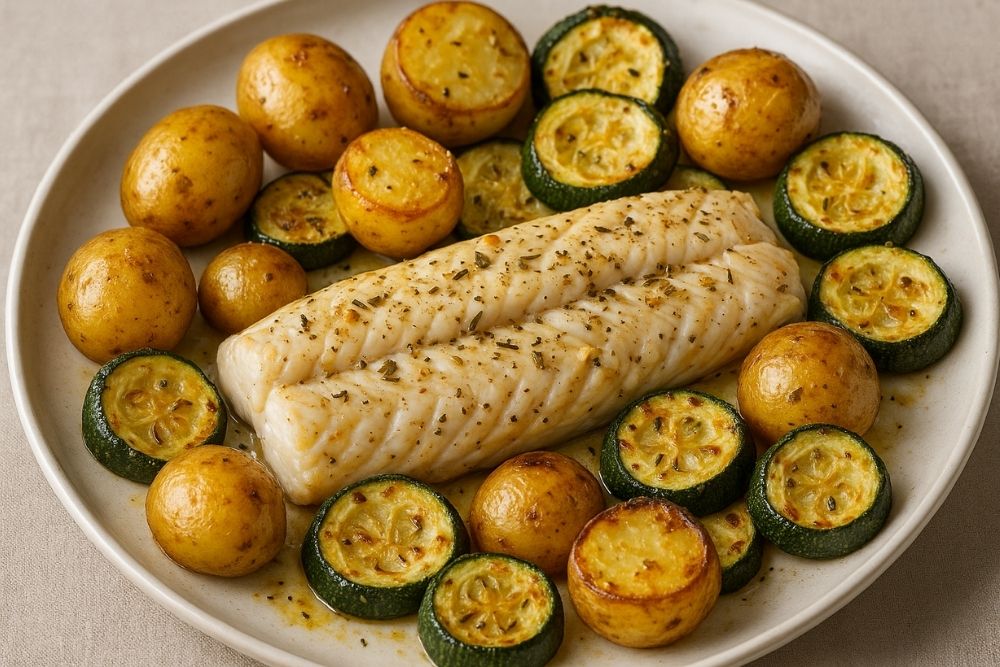 merluza al horno con patata nueva y calabacín