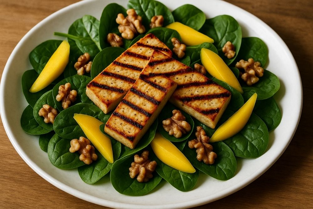 tofu a la plancha con ensalada de espinacas, mango y nueces (vegana)