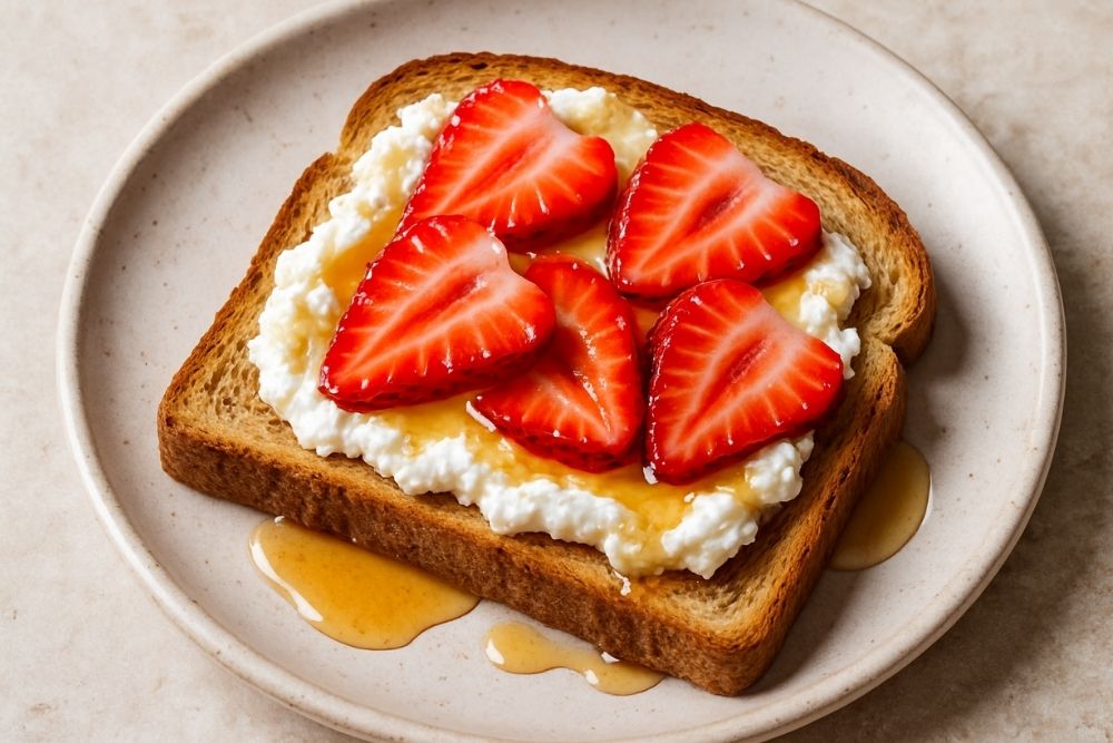 tostadas integrales con ricotta, fresas y miel