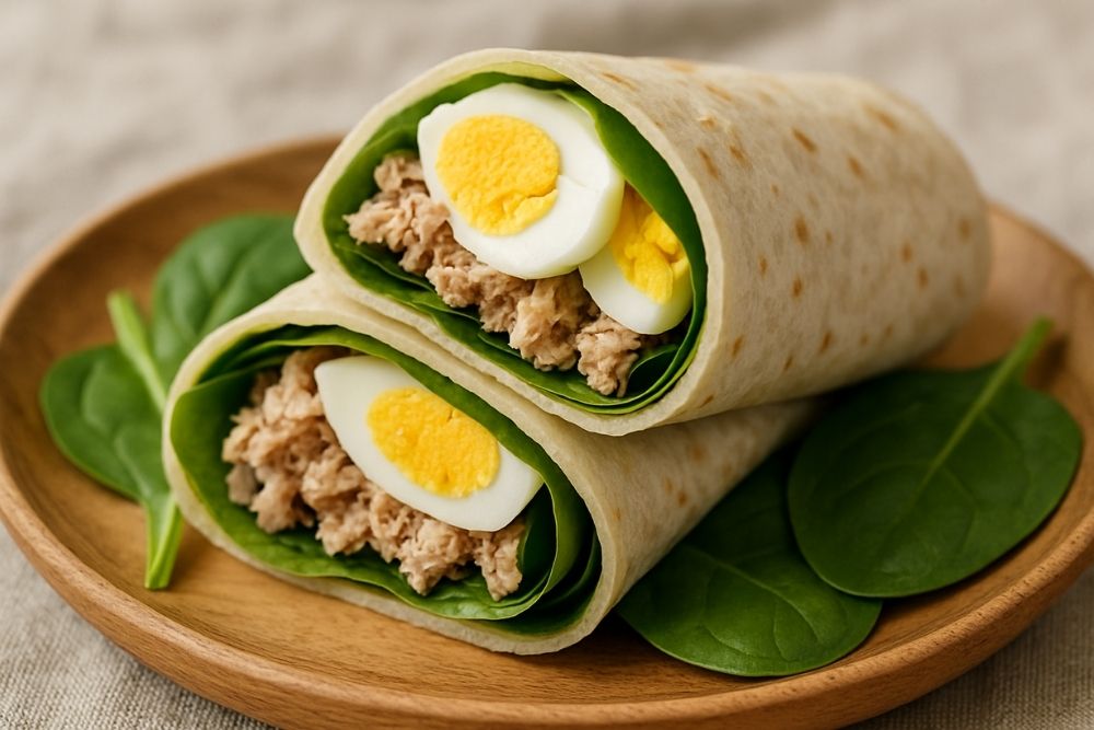wrap de atún y huevo con espinacas frescas