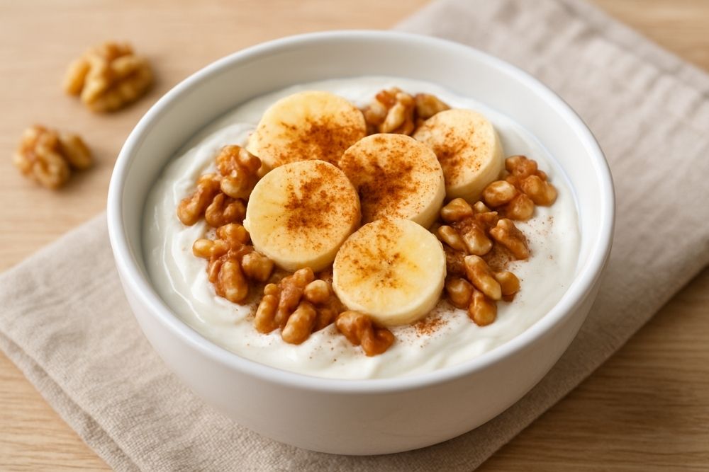 yogur griego con plátano, nueces y canela
