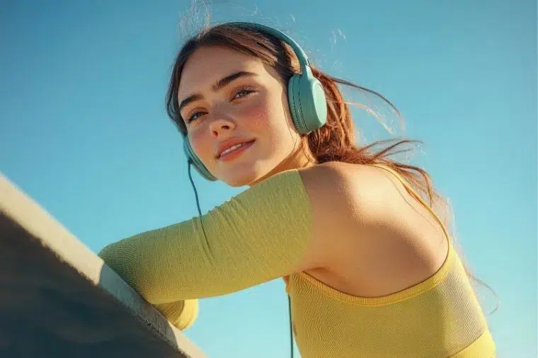 chica sonriendo con cascos y musica