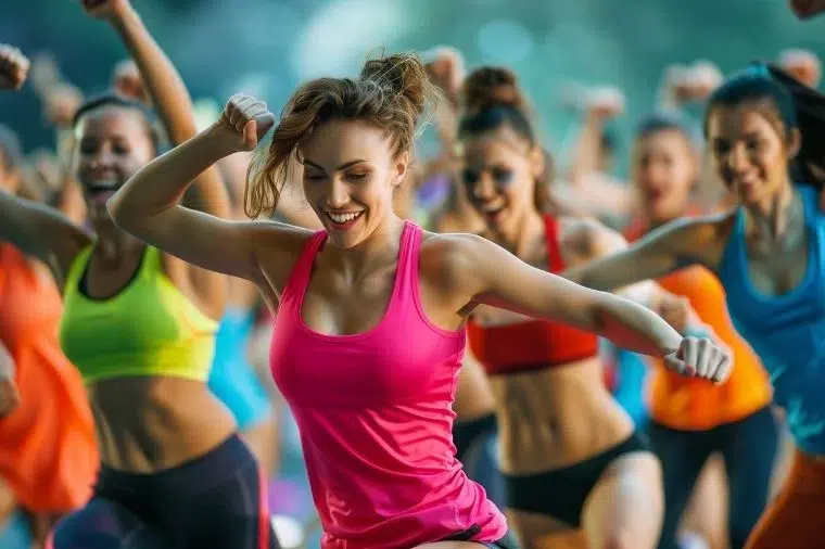 grupo de mujeres calentando bailando antes de una maratón