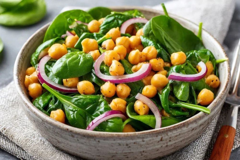 bowl de espinacas y garbanzos