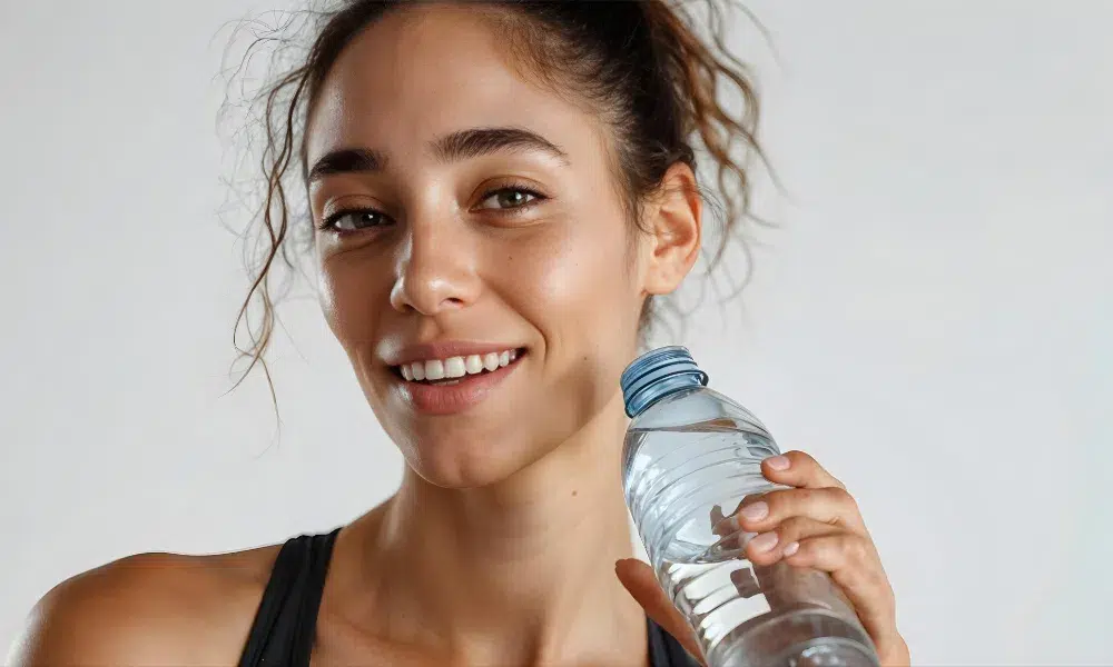 mujer bebiendo con botella de agua de plástico