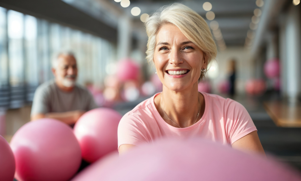 mujer sonriendo vestida de rosa en el gimnasio