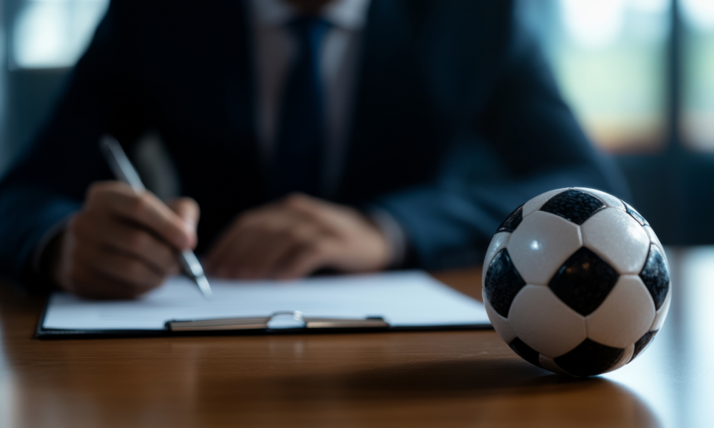 homme qui signe un document avec un ballon sur son bureau