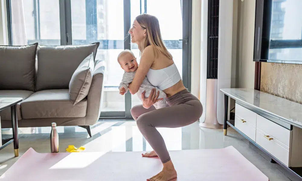 mamá haciendo sentadillas con su bebé en brazos
