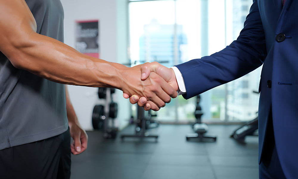 poigner de main entre un sportif et un entrepreneur