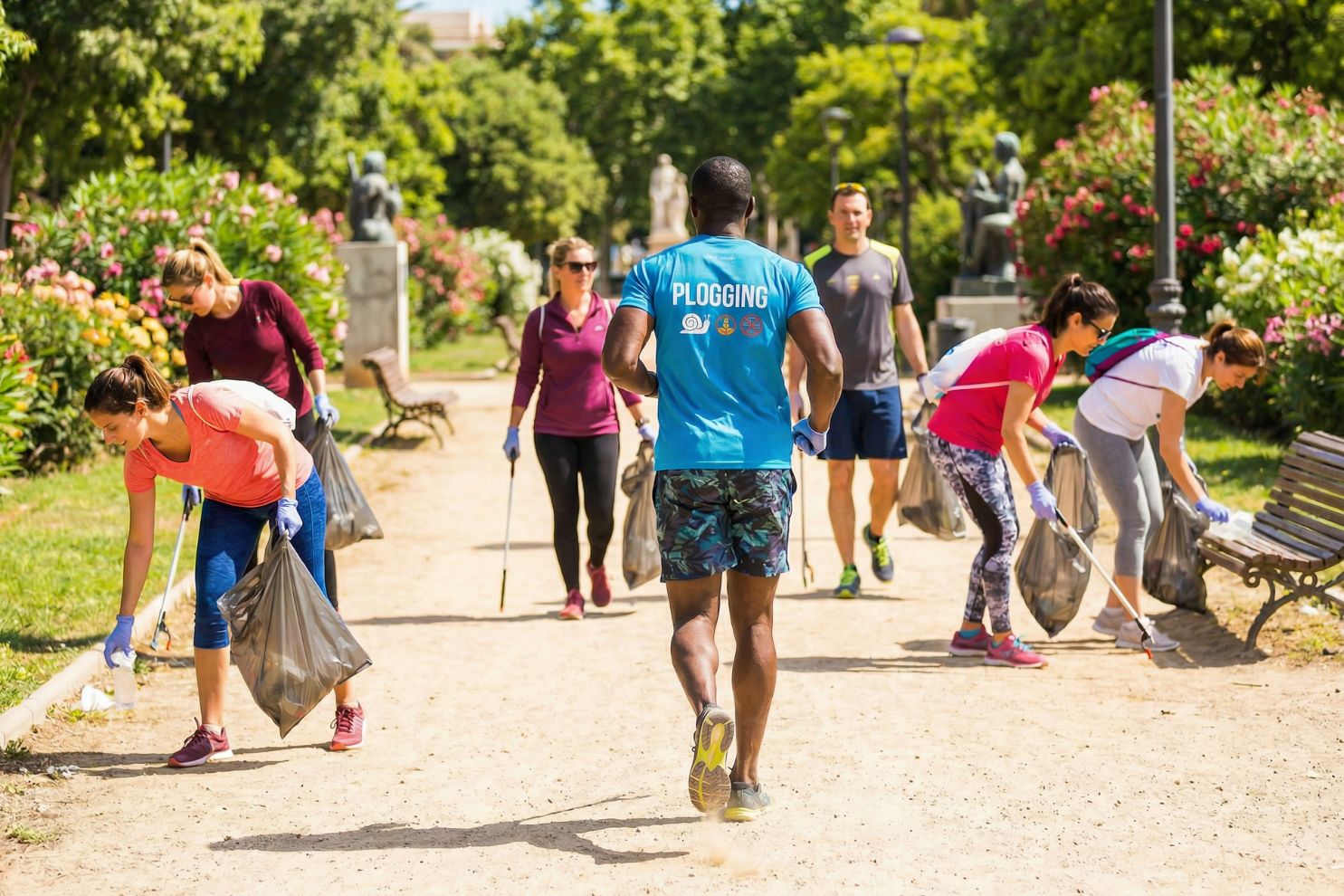 grupo practicando plogging en un parque urbano